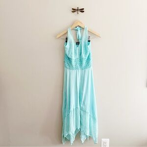 Y2K Mint Aqua Boho Crochet Lace Halter Midi Dress with Handkerchief Hem Vintage